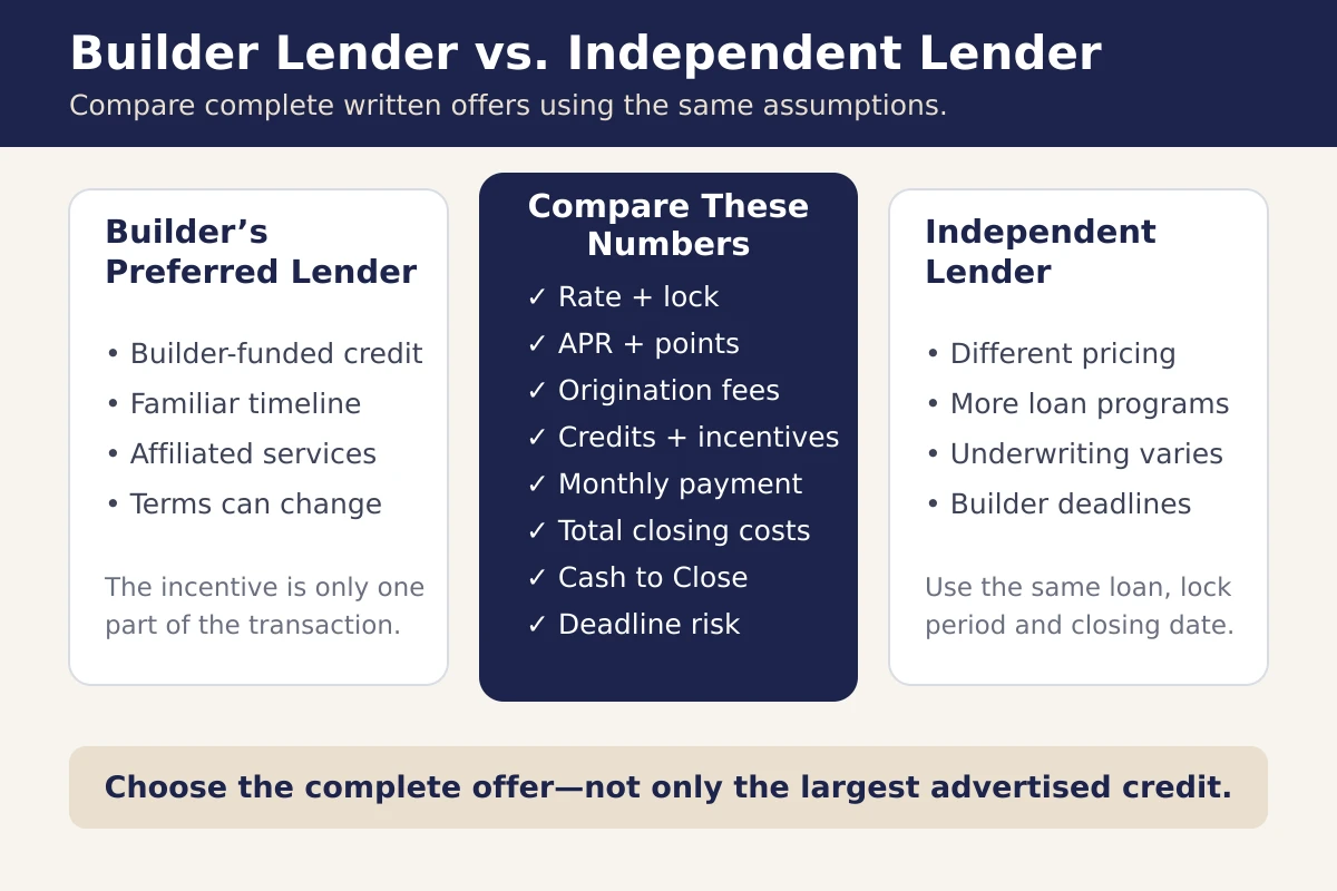 Checklist comparing a builder's preferred lender and an independent lender using rates, fees, credits, payment and cash to close