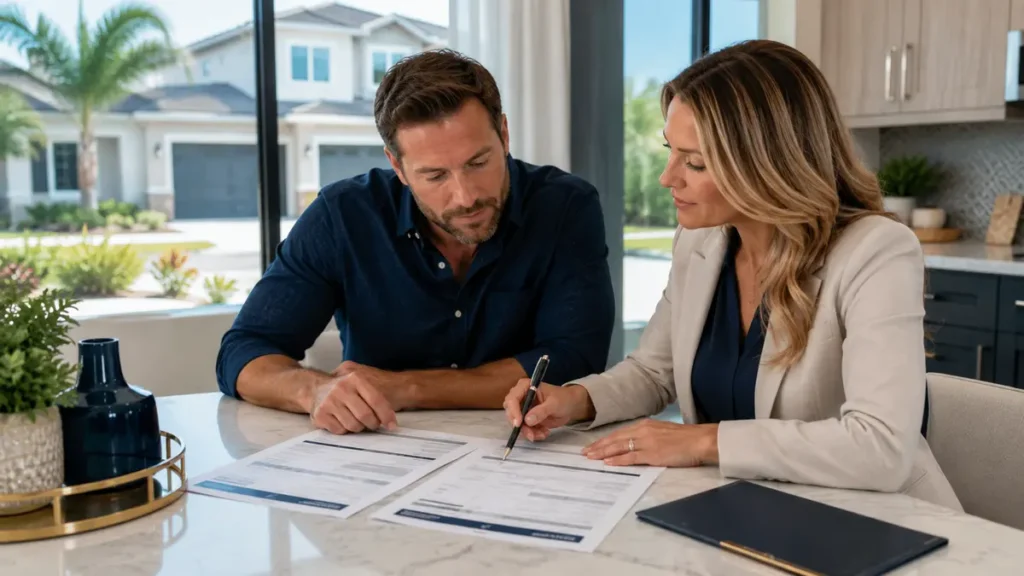 Jacksonville new-construction buyer comparing two written mortgage offers with a real estate professional