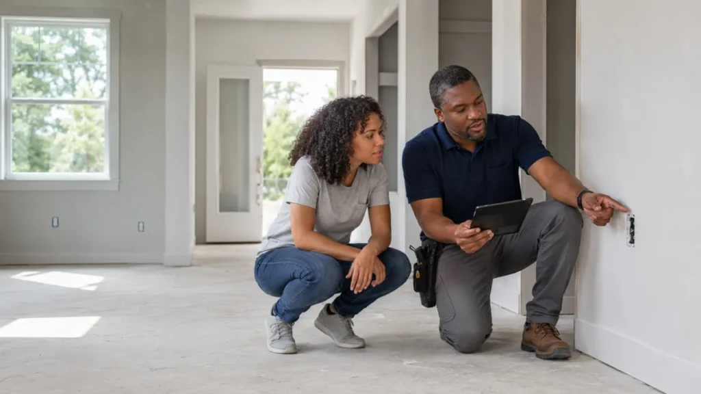 Home inspector explaining an electrical outlet to a buyer inside a newly constructed Jacksonville-area home